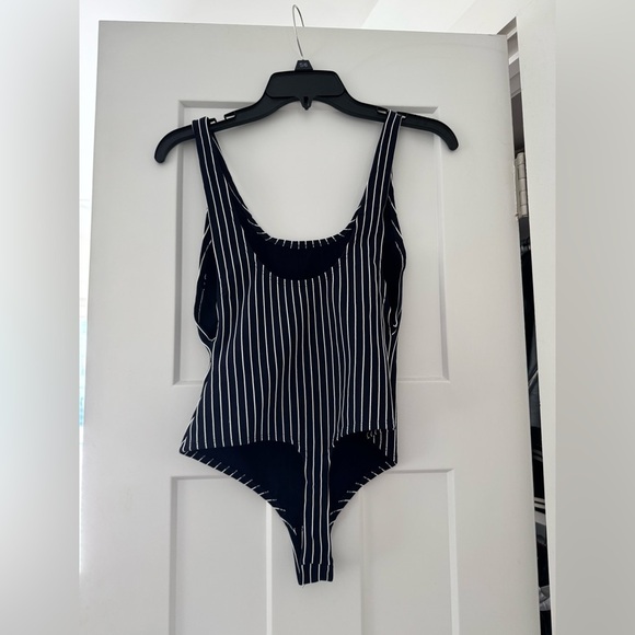 Revolve LPA Blue and White Striped Scoopneck Tank Bodysuit, Size Small - Picture 2 of 3